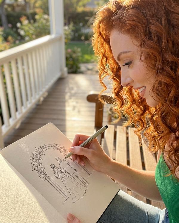 Simone, sketching a couple's arch. porch, coffee, quiet.